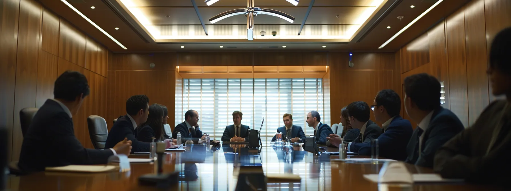 a group of focused lawyers discussing digital strategies in a sleek, modern conference room.