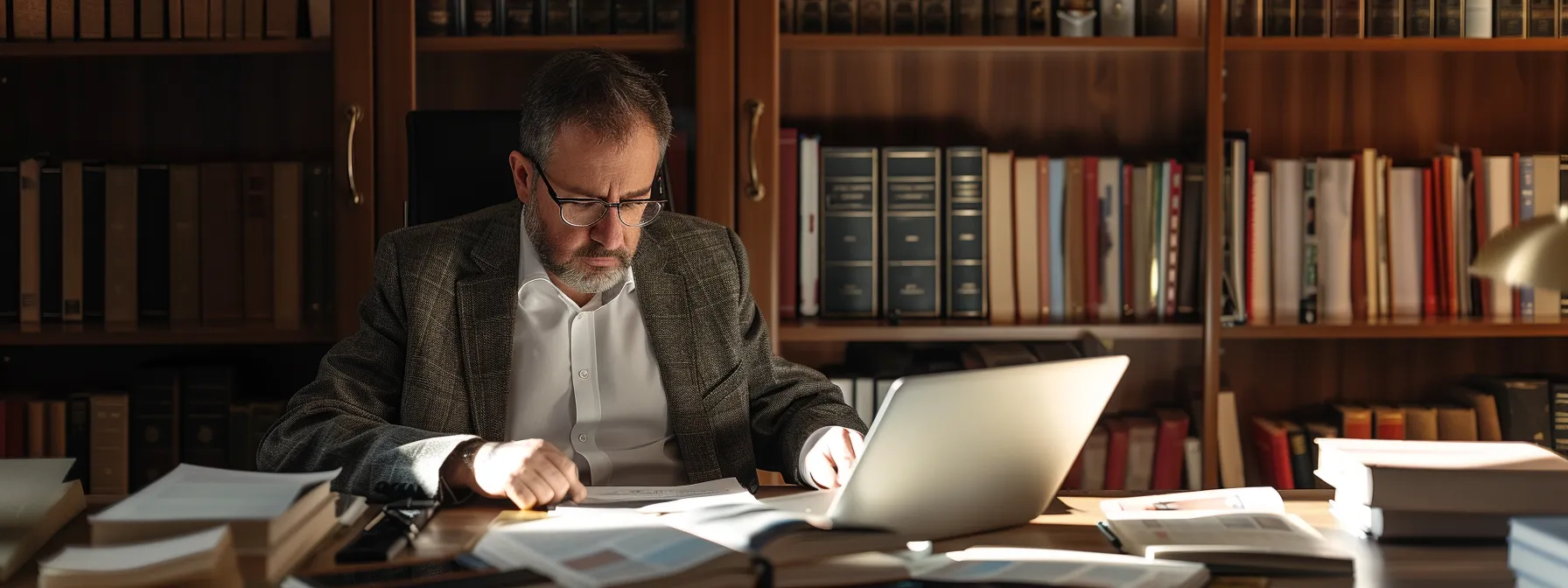 a professional lawyer sitting at a desk with a laptop, surrounded by books and legal documents, looking focused and ready to answer frequently asked questions on their estate law website.